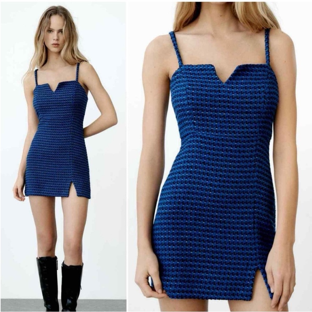 Zara Textured Weave Tweed Mini Dress‎ Size Large Academia Schoolgirl NWT